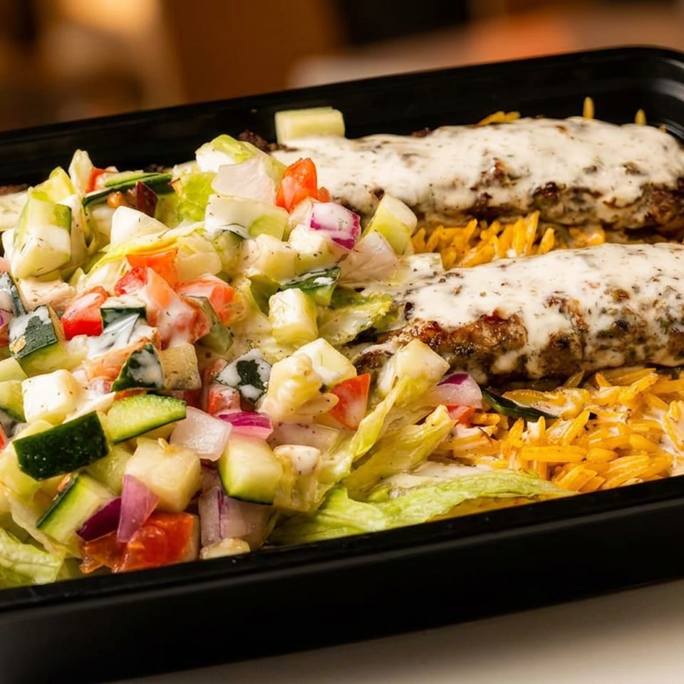 A black takeout container holds two kebabs over yellow rice, with a side of fresh salad.