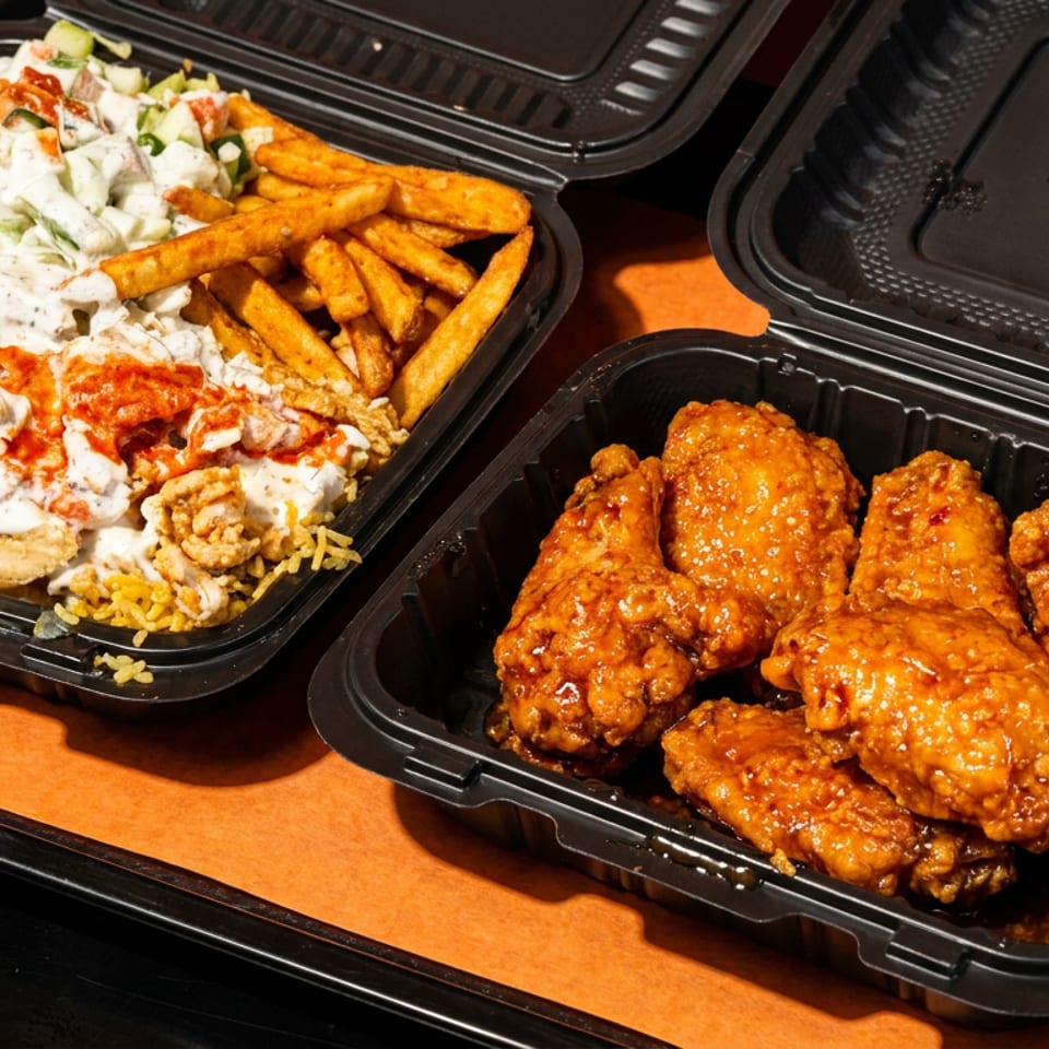 Two takeout containers: one with chicken over rice, fries, and sauce; the other with glazed chicken wings.