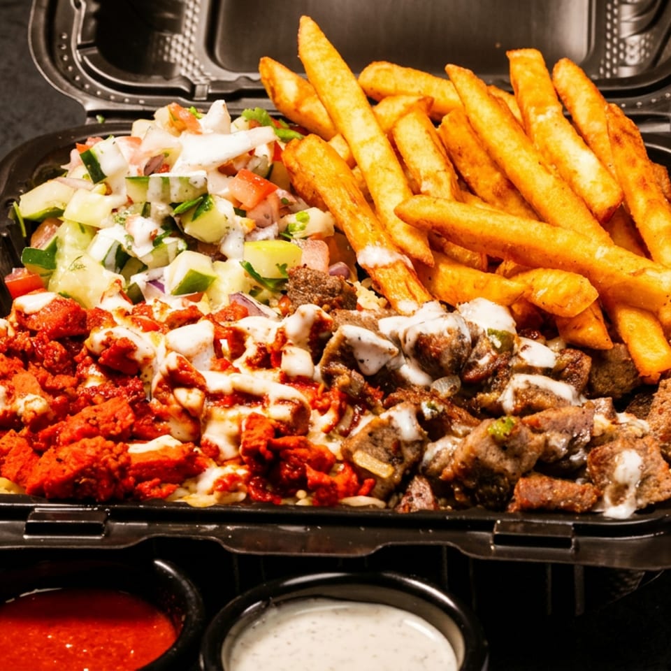 A takeout container filled with chicken, beef, salad, and french fries, with two dipping sauces.