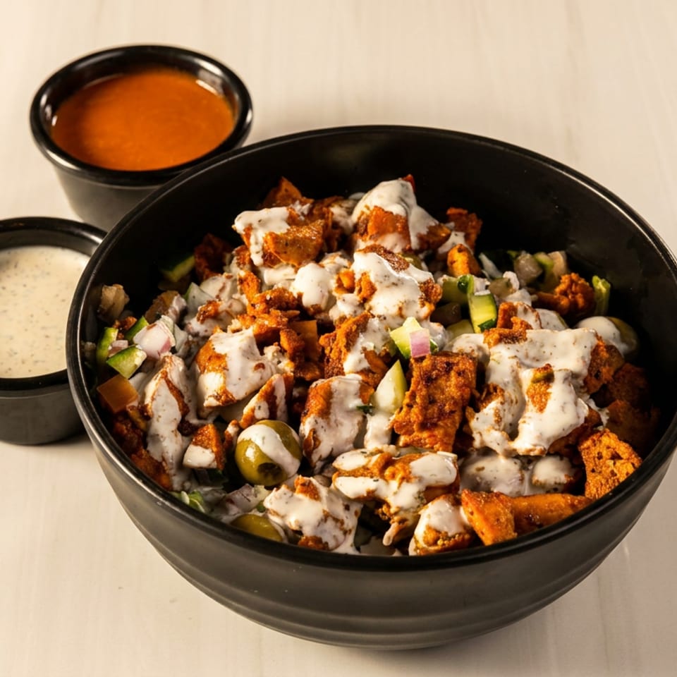 A black bowl filled with chicken shawarma, vegetables, and white sauce, with two small sauce cups.