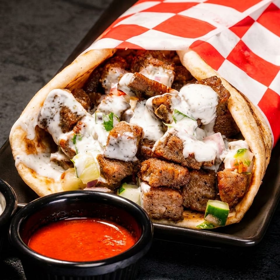 A shawarma wrap with meat, white sauce, and vegetables, served with two dipping sauces.
